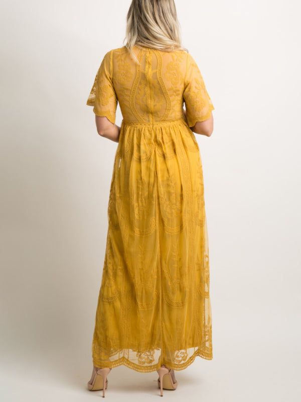 Berenice Maternity Lace Dress - Short Sleeve V-Neck High Waist Dress