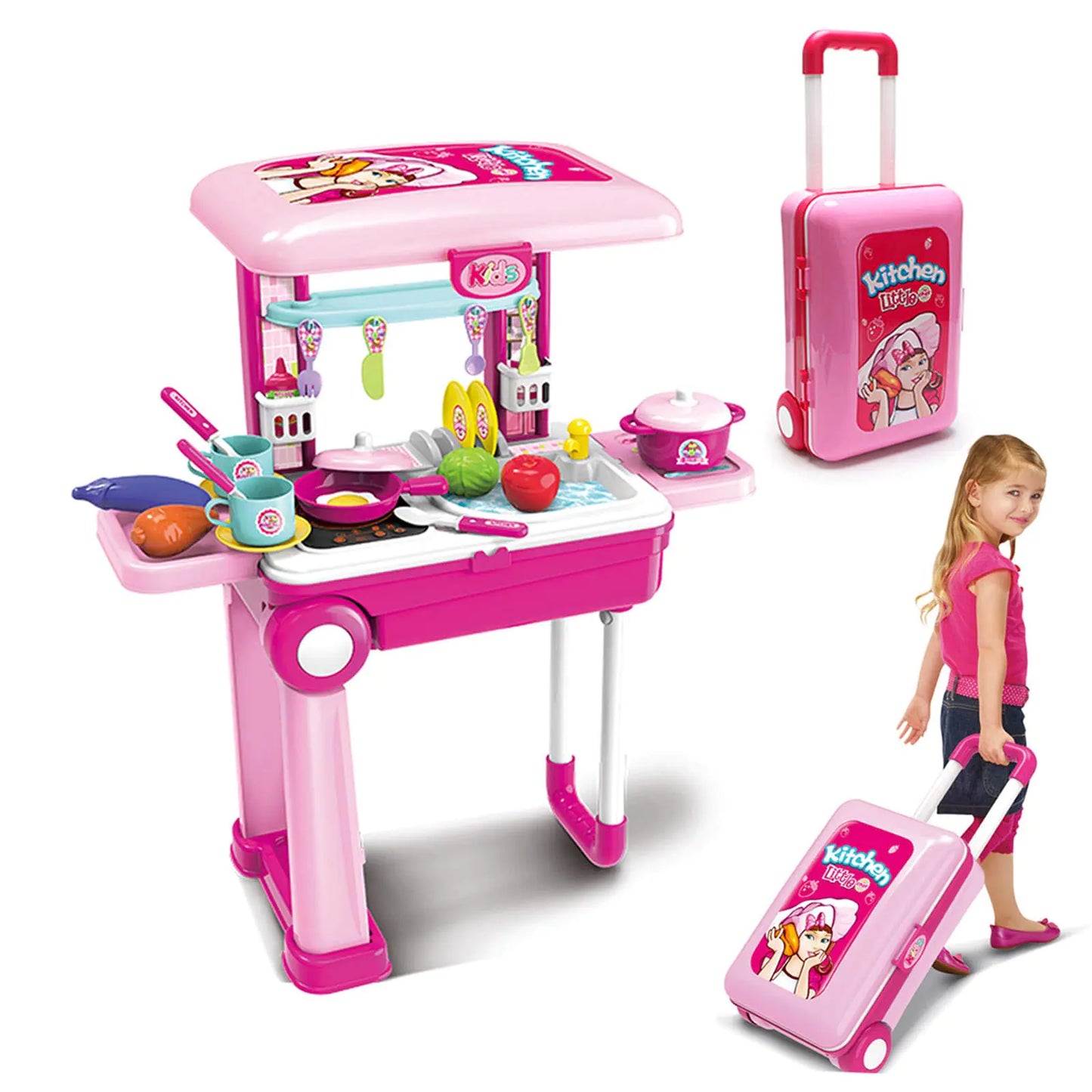 2-in-1Travel Luggage Turn into Play Kitchen Kids Playset Toys