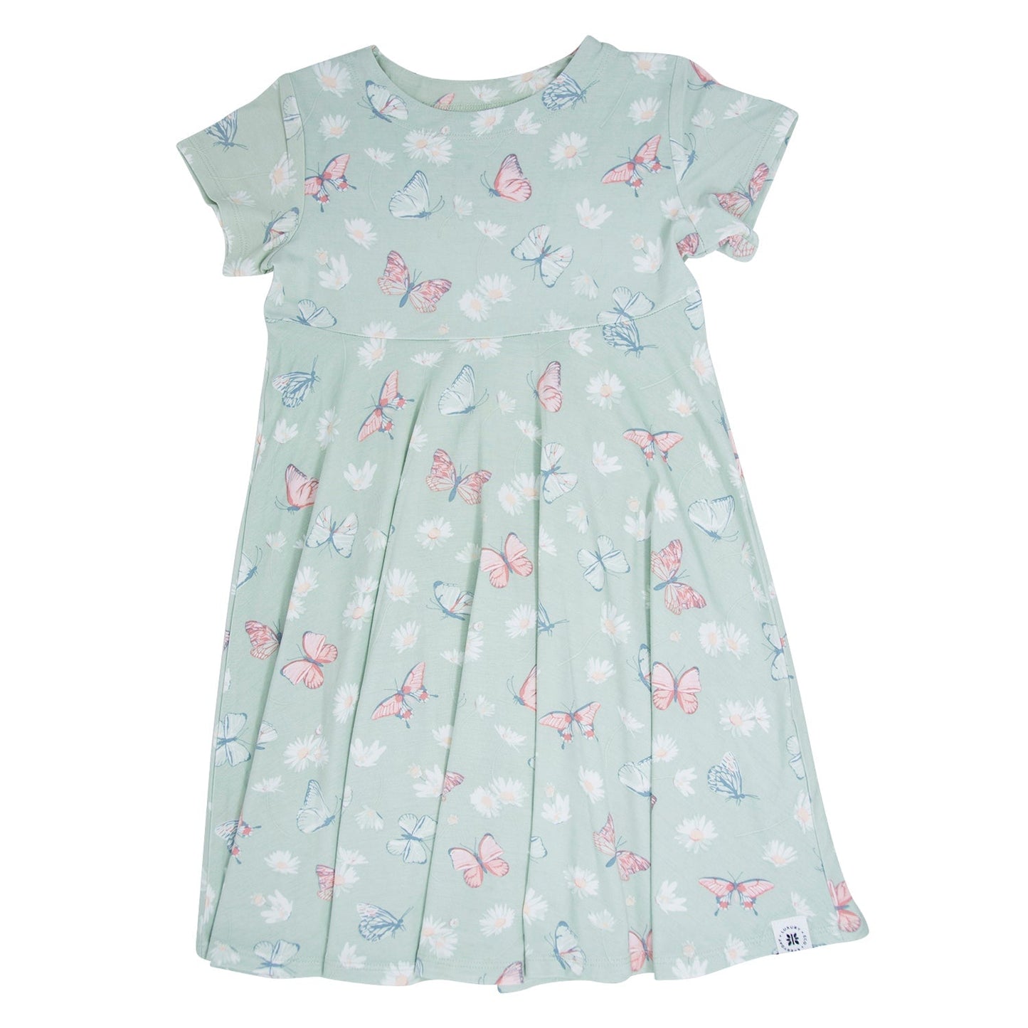 Mint Butterfly Daisy Bamboo Cap Sleeve Swirly Girl Dress featuring pastel butterflies and white daisies on soft bamboo fabric. Ideal for casual summer wear.