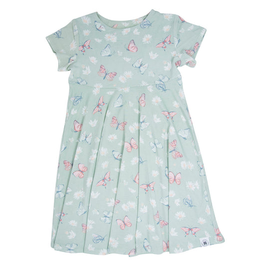 Mint Butterfly Daisy Bamboo Cap Sleeve Swirly Girl Dress featuring pastel butterflies and white daisies on soft bamboo fabric. Ideal for casual summer wear.