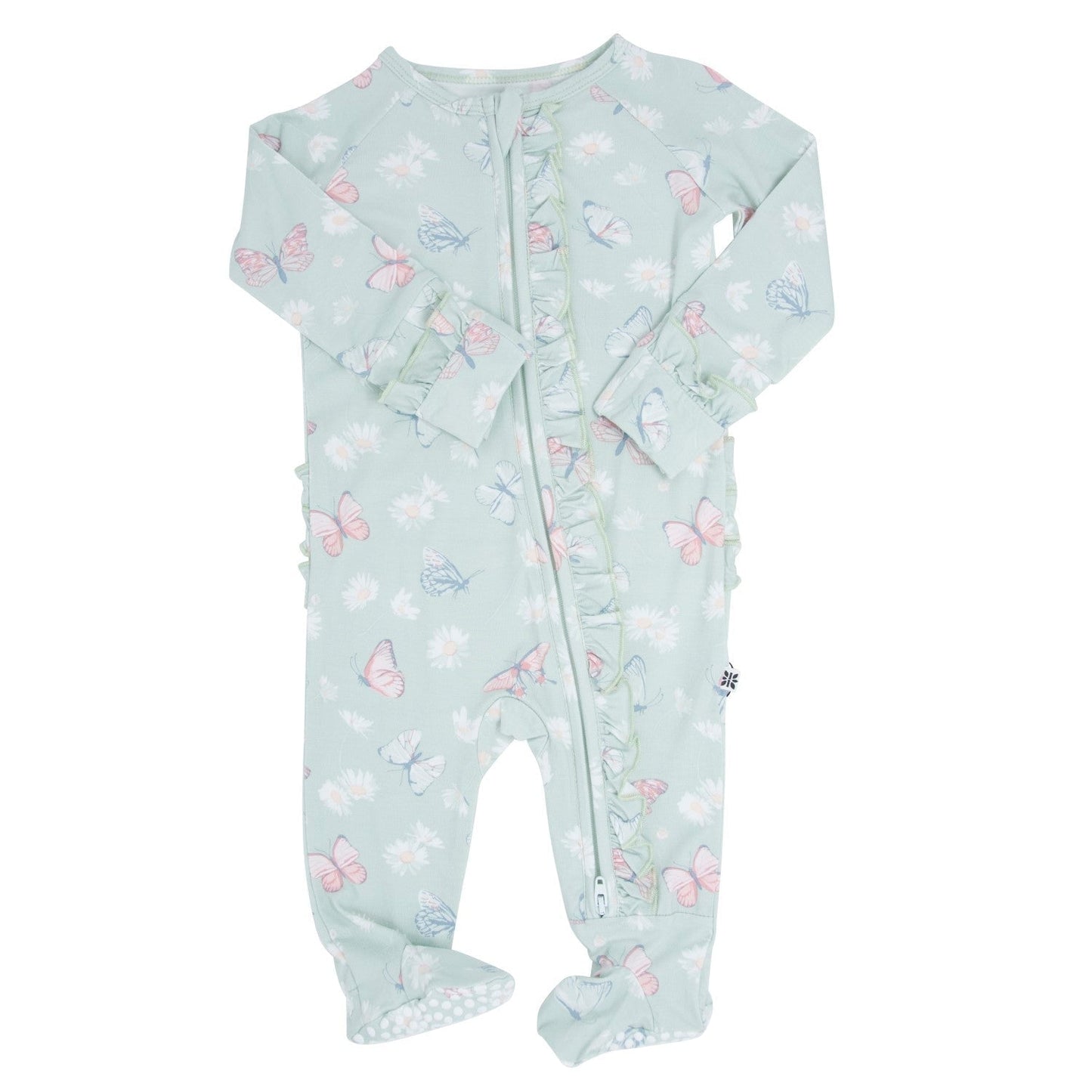 Carmelo Mint Butterfly Daisy Bamboo Ruffle Baby Footie