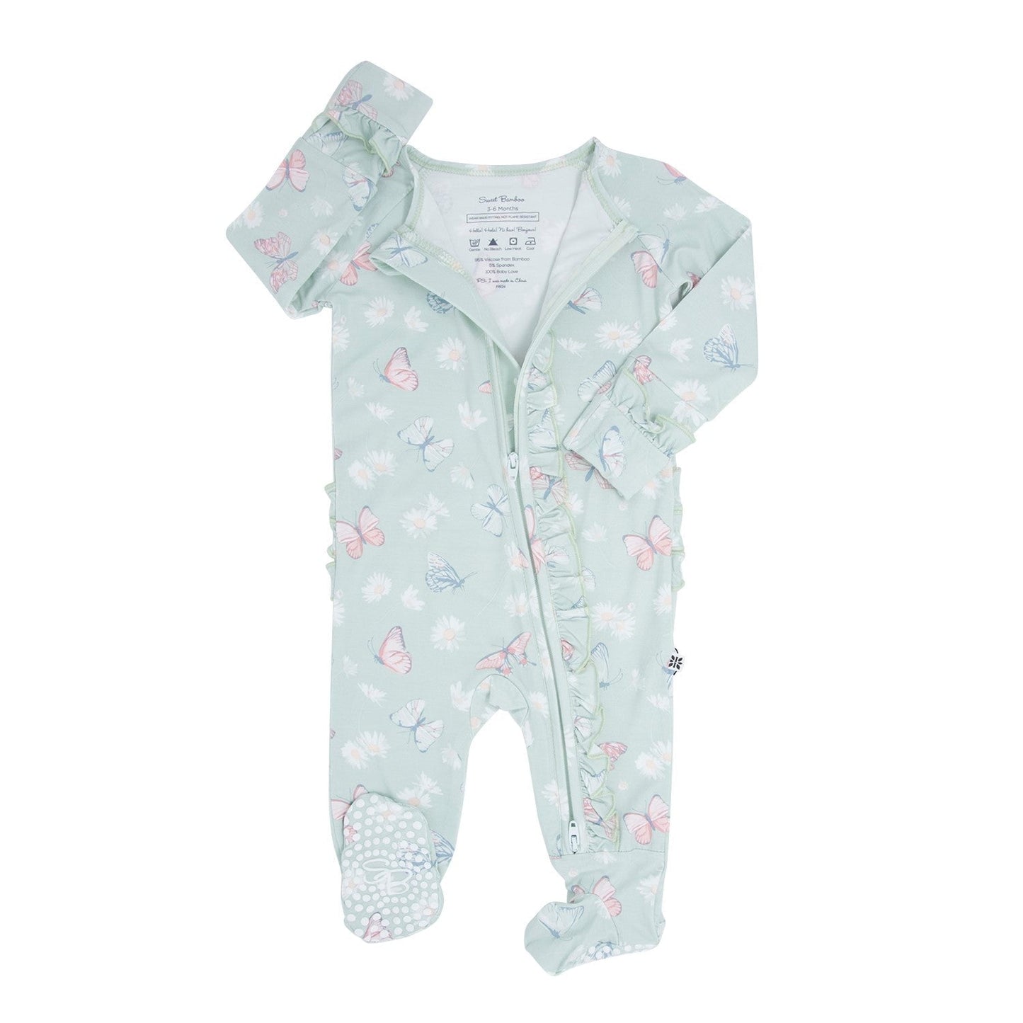 Carmelo Mint Butterfly Daisy Bamboo Ruffle Baby Footie