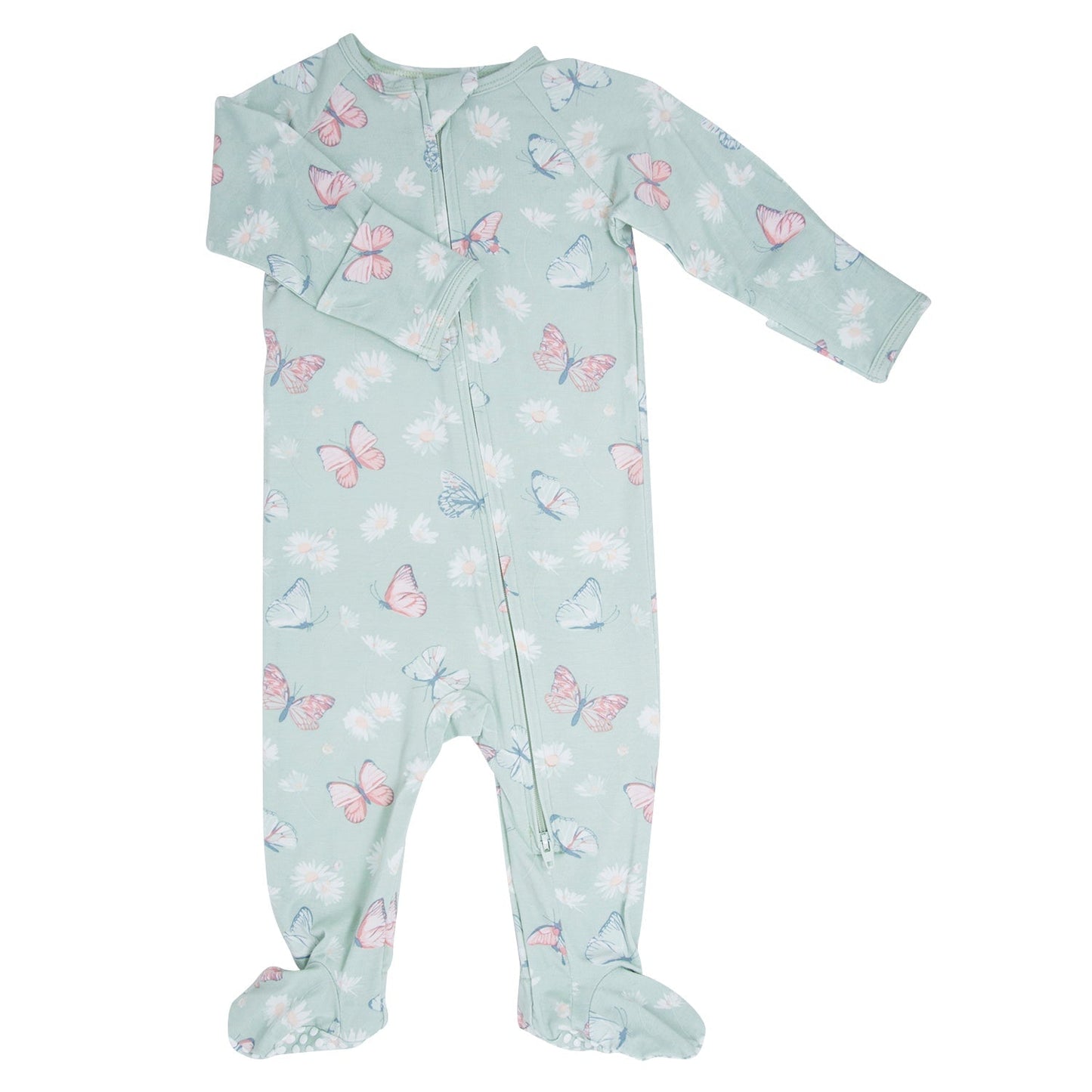 Mint Butterfly Daisy Bamboo Zipper Footie