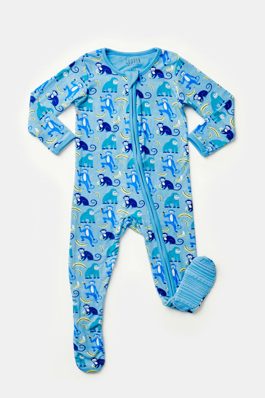 Henry Soft & Stretchy Zipper Footie - Monkeying Around Blue