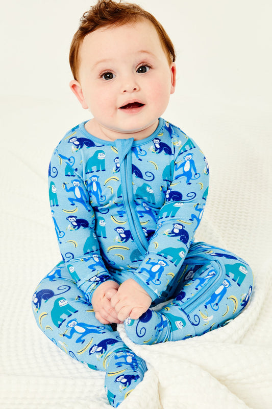 Henry Soft & Stretchy Zipper Footie - Monkeying Around Blue