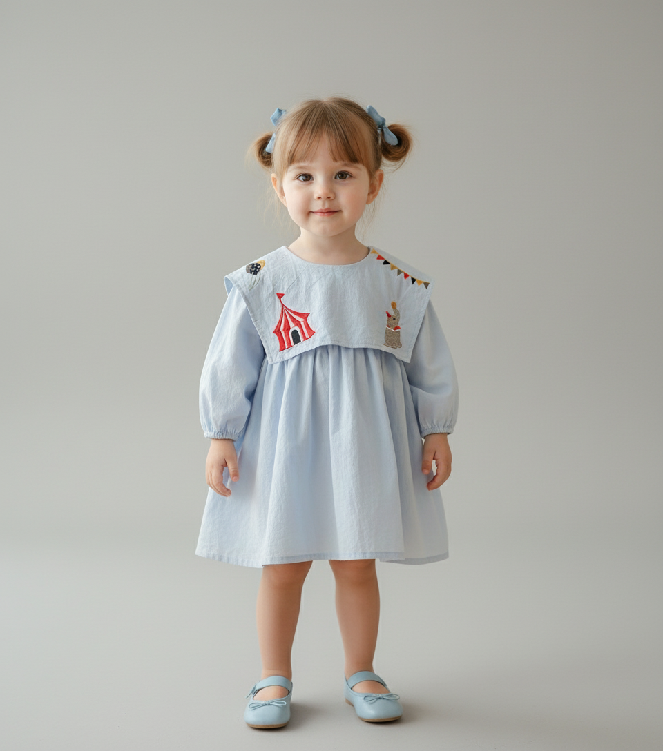Young girl wearing a light blue dress with decorative elements on a plain background