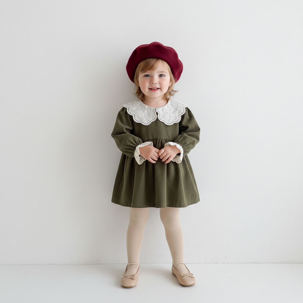 Child wearing a green dress with a white lace collar and a red beret against a white background