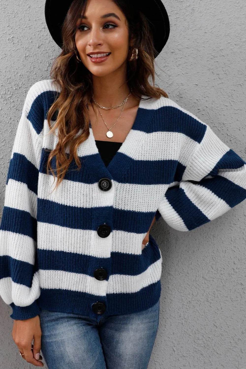 Cinthia Contrasting Striped Button Spliced Woven Sweater