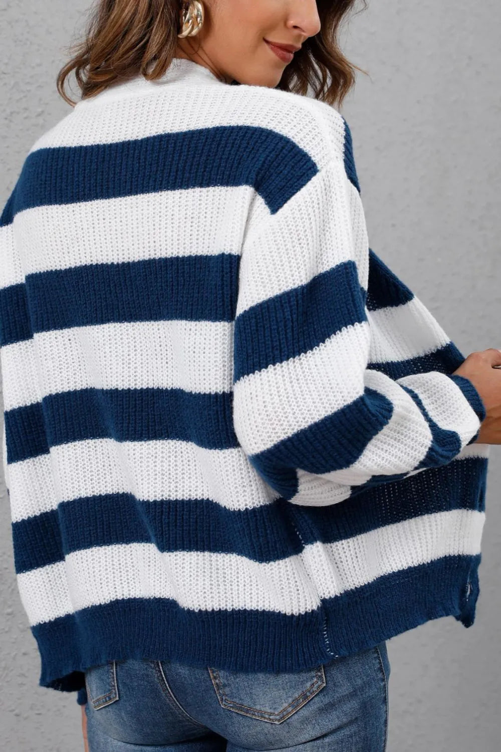 Cinthia Contrasting Striped Button Spliced Woven Sweater