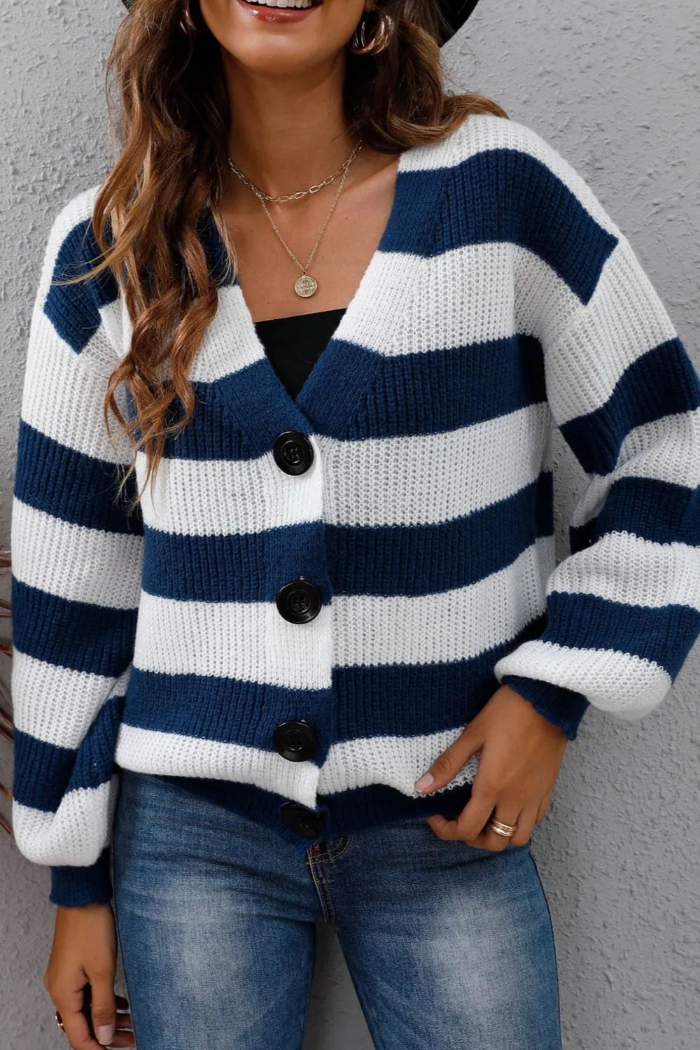 Cinthia Contrasting Striped Button Spliced Woven Sweater