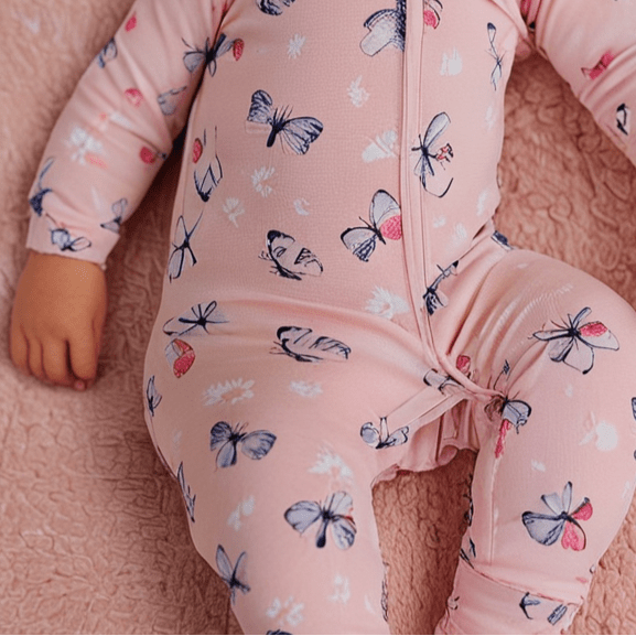 Pink Butterfly Daisy Bamboo Zipper Footie