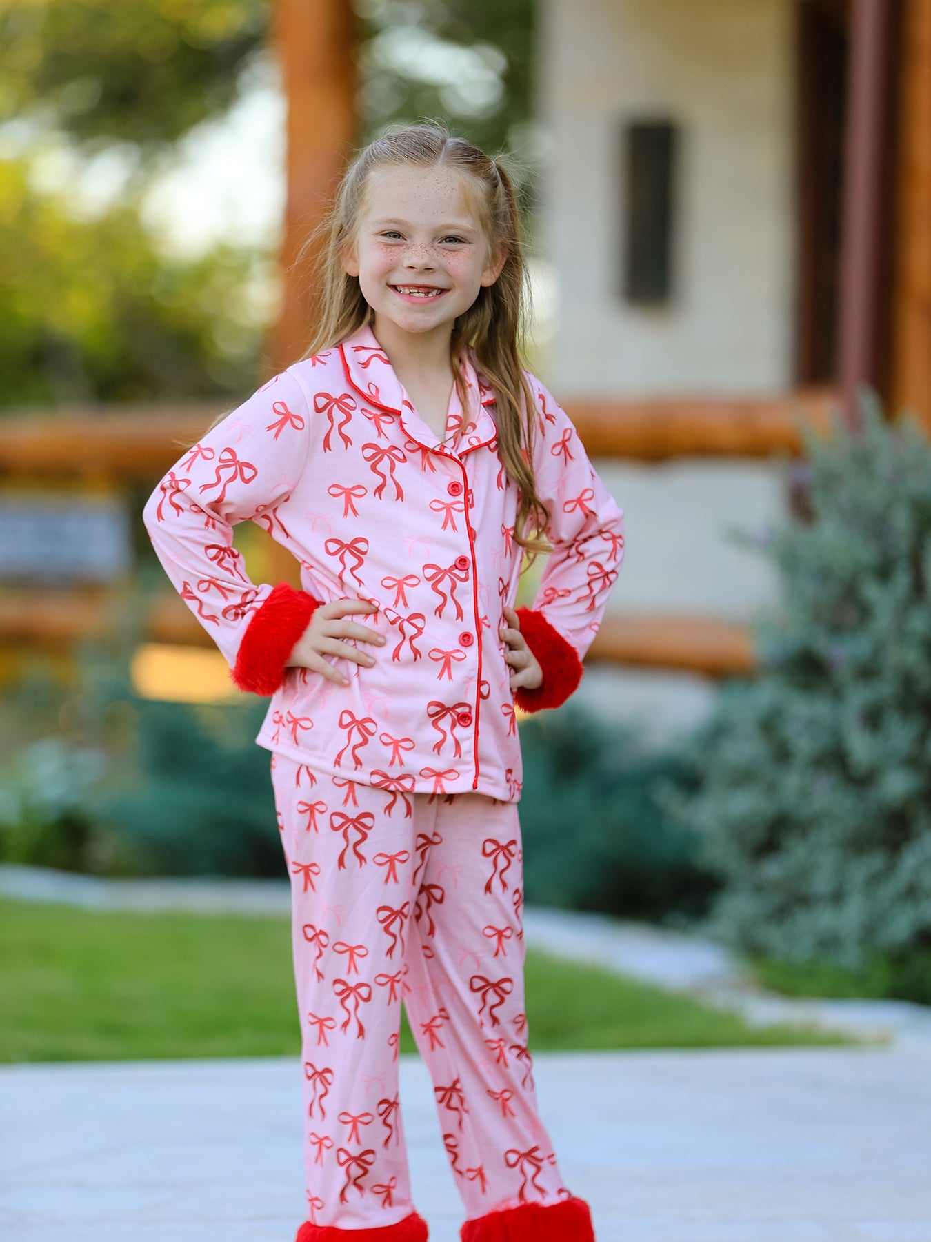 Samantha Bow Girls Pajama Set with Furry Trim