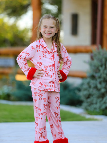Samantha Bow Girls Pajama Set with Furry Trim