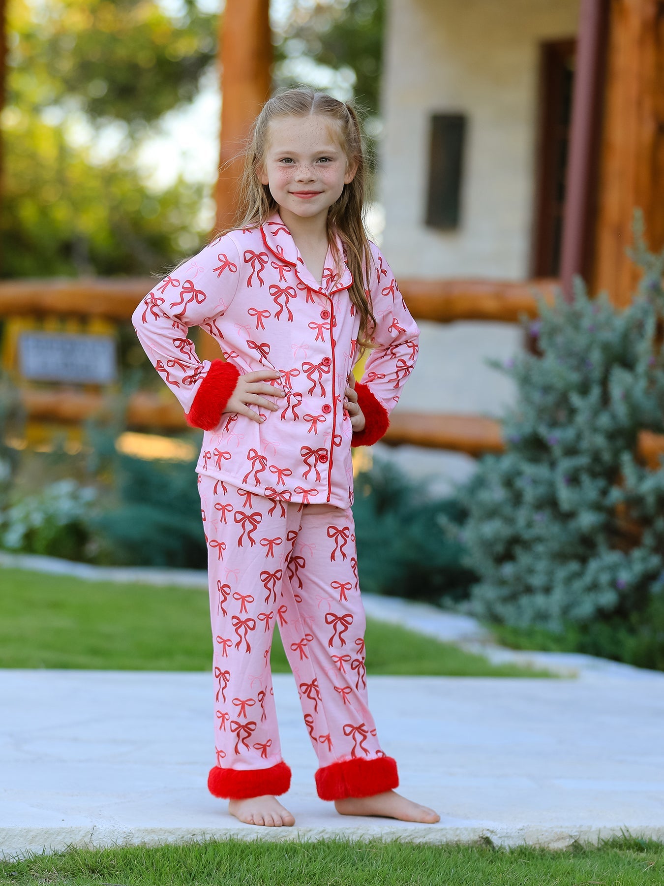 Samantha Bow Girls Pajama Set with Furry Trim