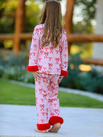 Samantha Bow Girls Pajama Set with Furry Trim