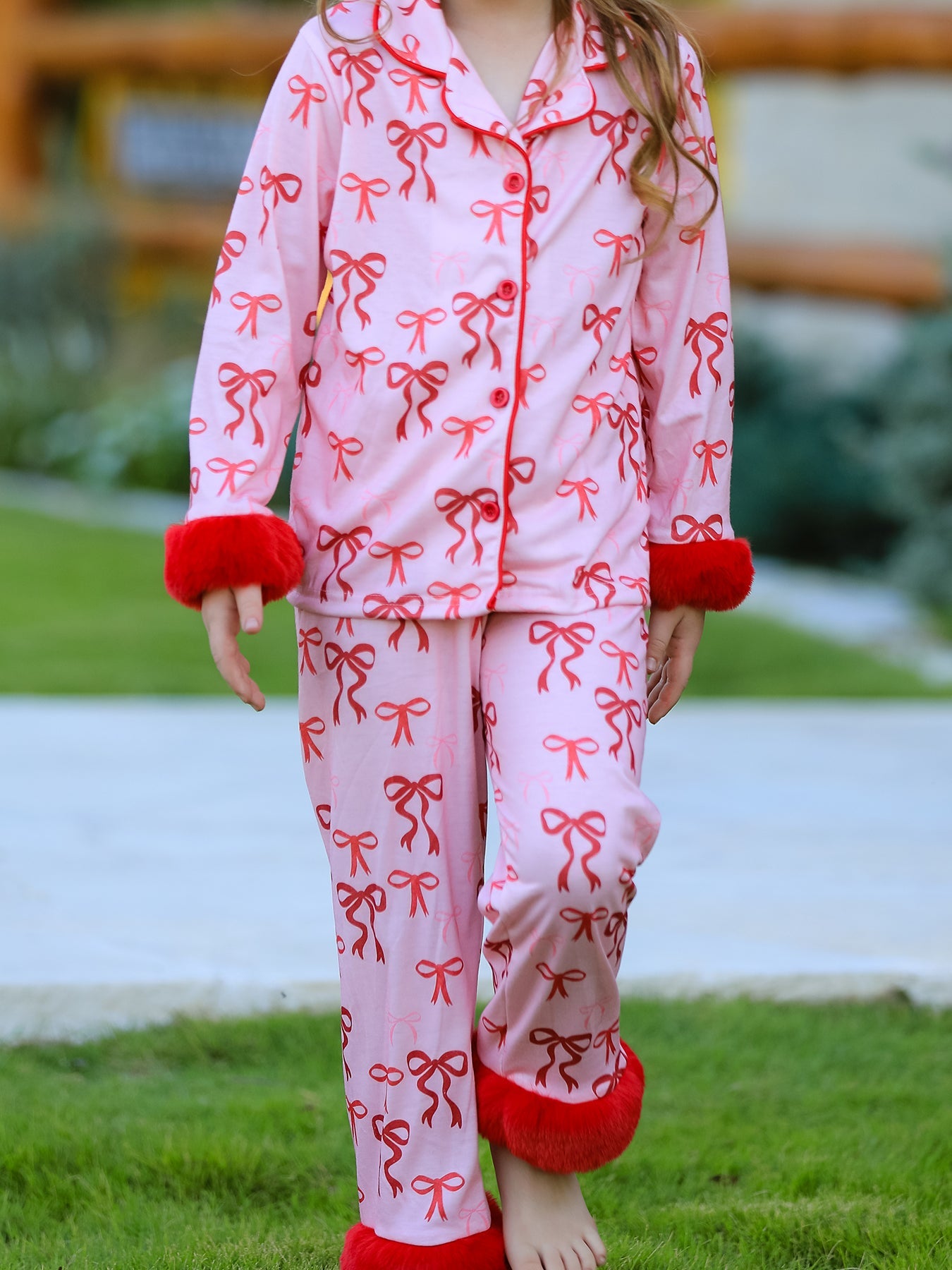 Samantha Bow Girls Pajama Set with Furry Trim
