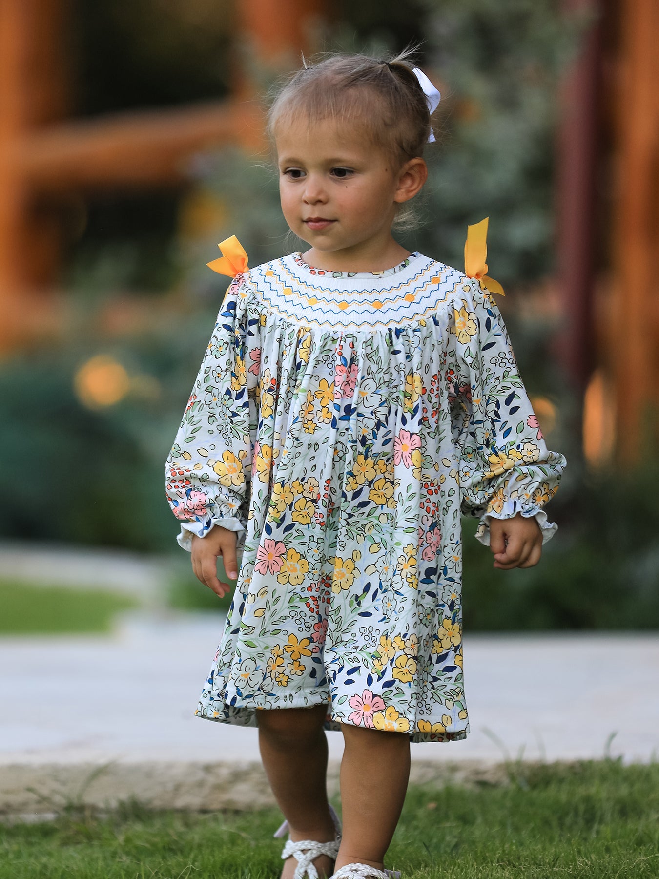 Matani Fall  Embroidery Smocking Bow Floral Leaf Baby Girls Dress