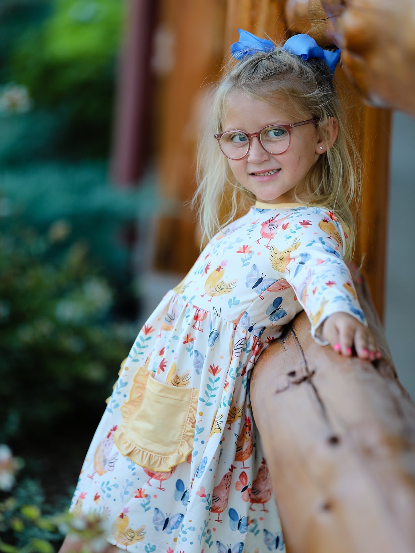 Alicia Charming Chicken & Butterfly Girls Dress with Cute Ruffled Pockets