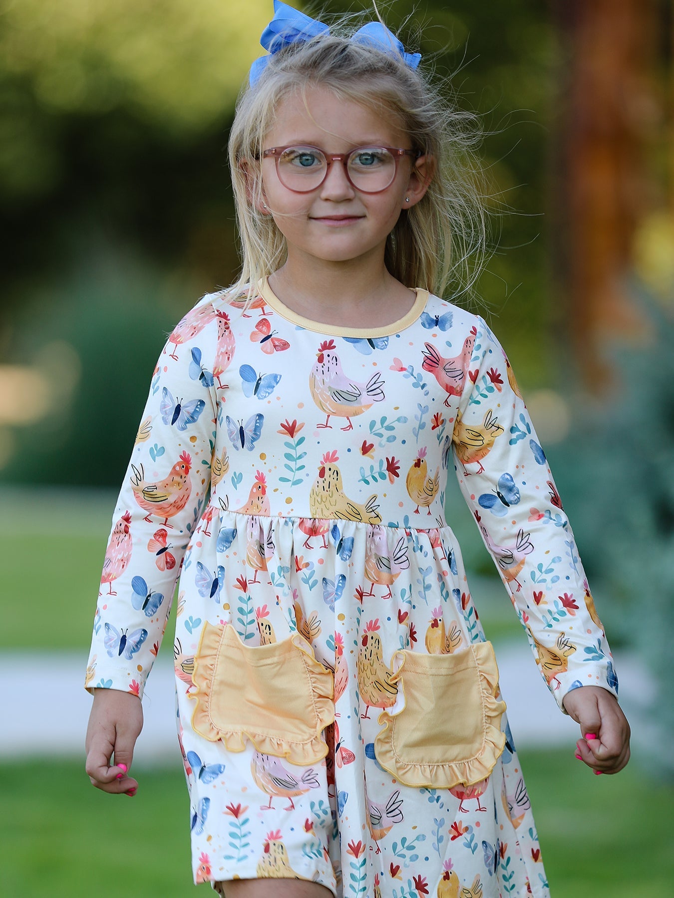 Alicia Charming Chicken & Butterfly Girls Dress with Cute Ruffled Pockets