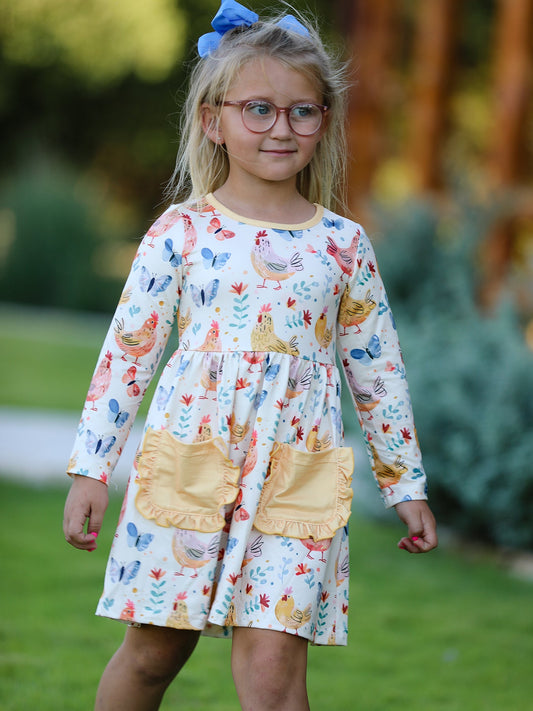 Alicia Charming Chicken & Butterfly Girls Dress with Cute Ruffled Pockets