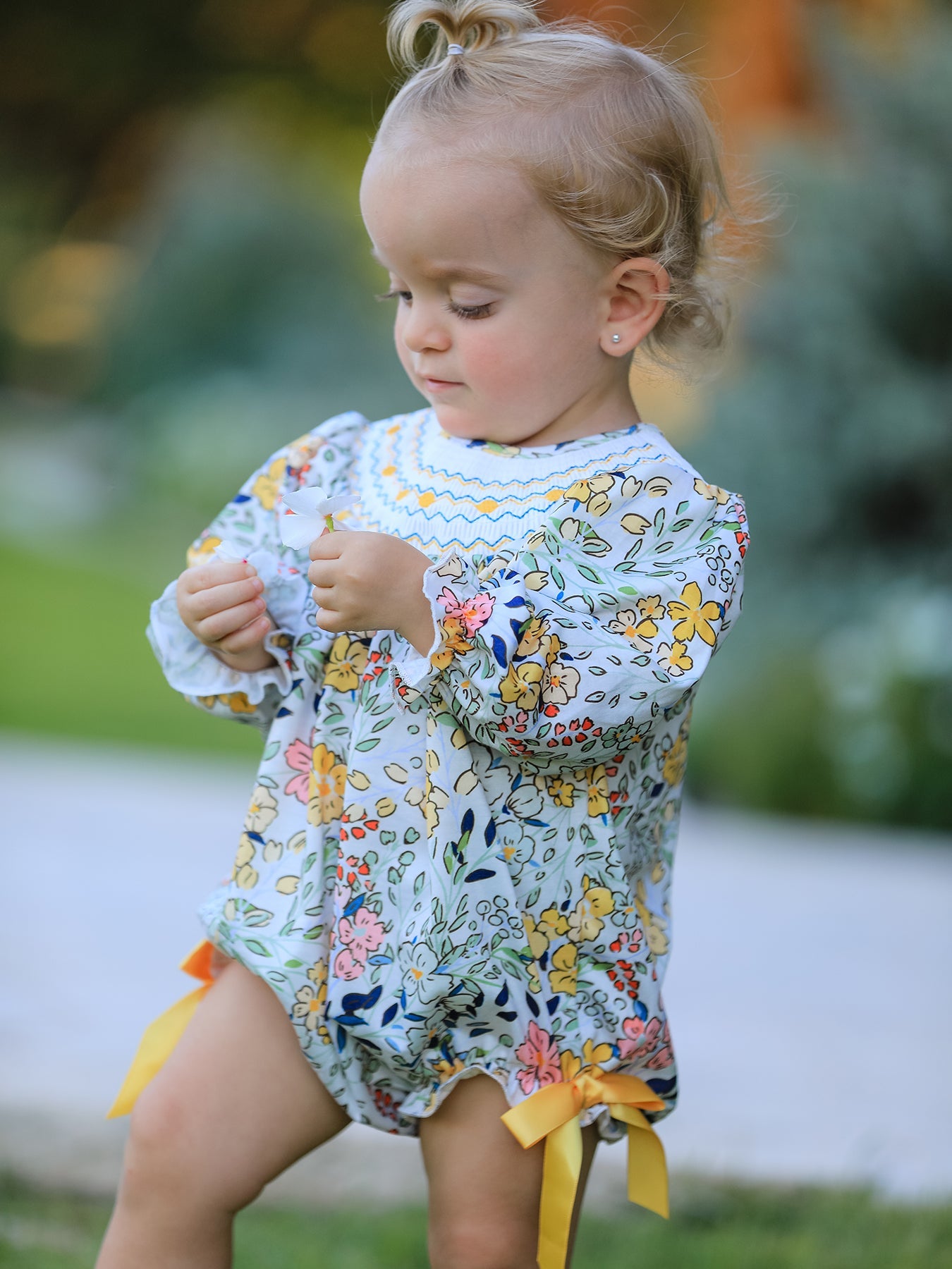 Grace Fall Embroidery Smocking Bow Floral Leaf Baby Girls Romper
