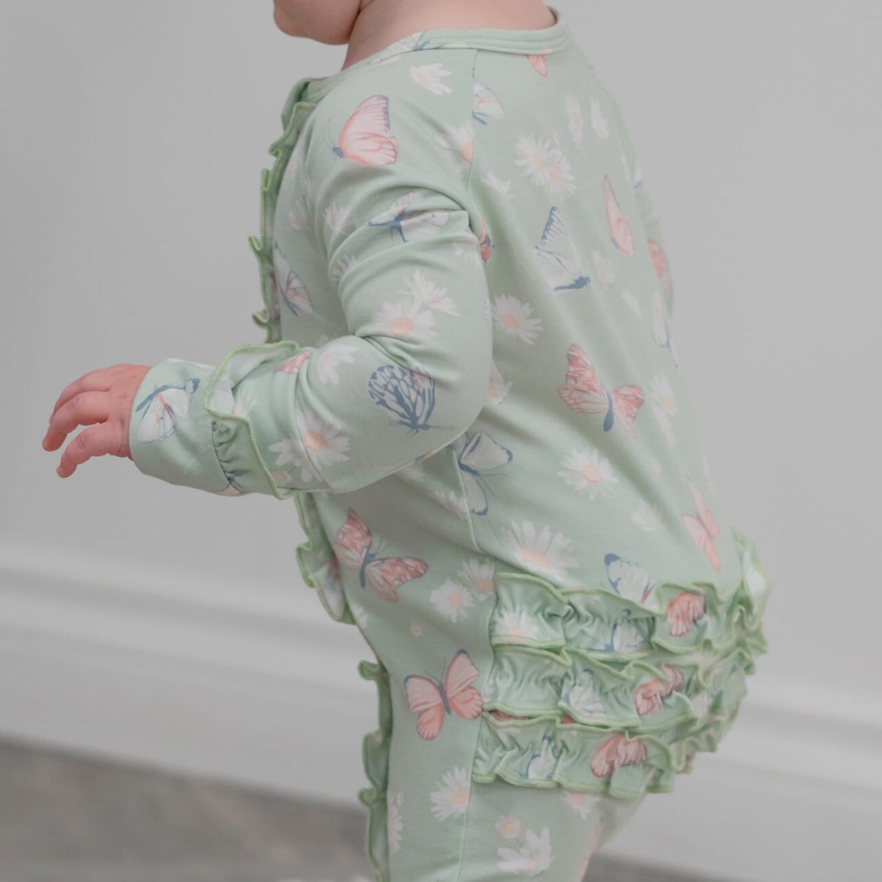 Carmelo Mint Butterfly Daisy Bamboo Ruffle Baby Footie