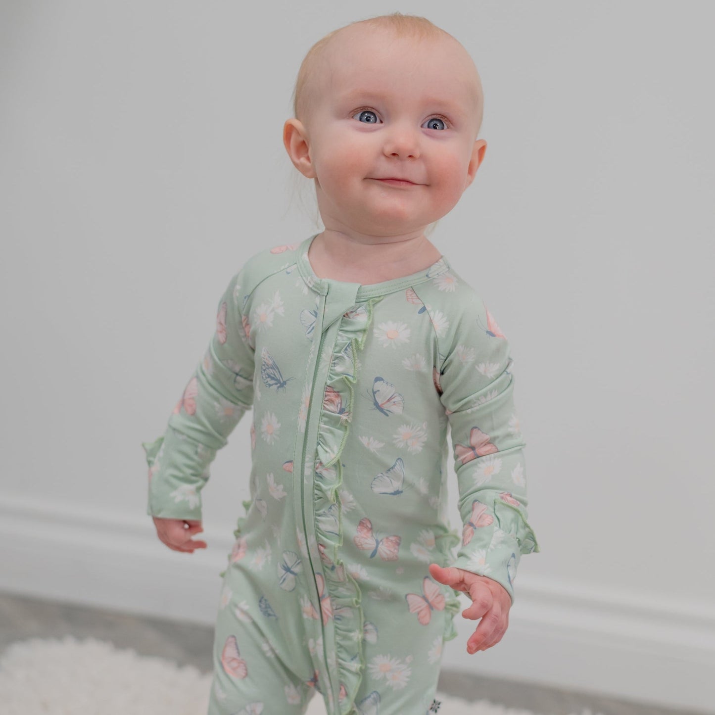 Carmelo Mint Butterfly Daisy Bamboo Ruffle Baby Footie
