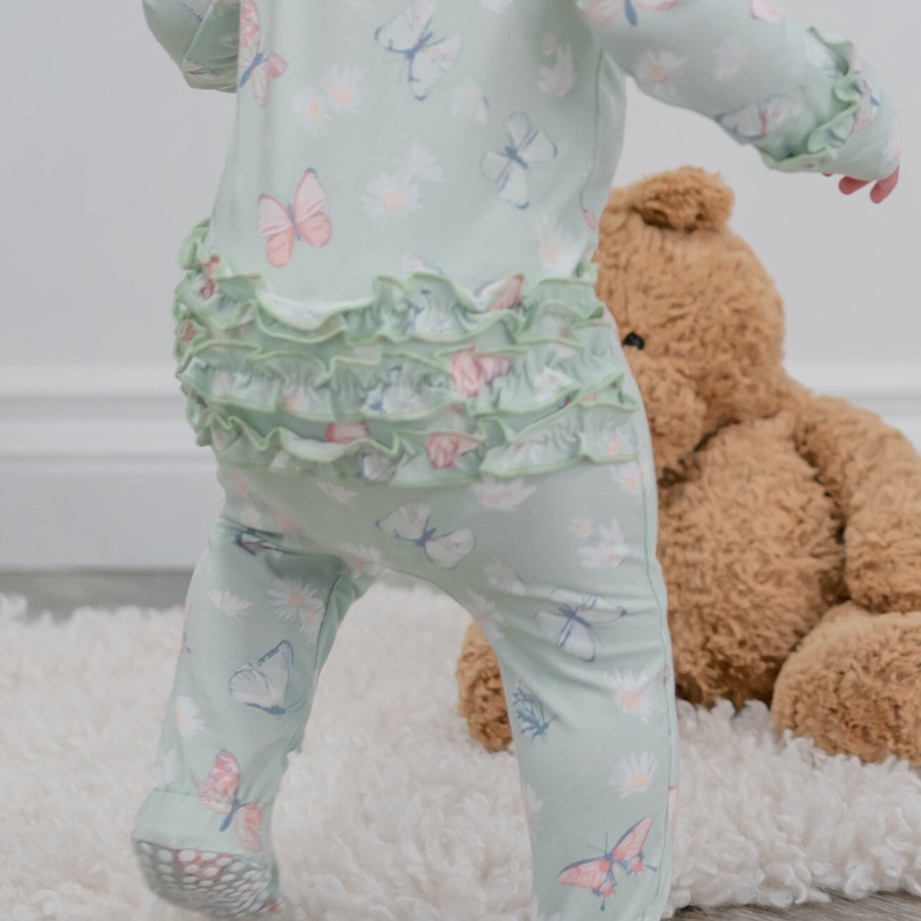 Carmelo Mint Butterfly Daisy Bamboo Ruffle Baby Footie