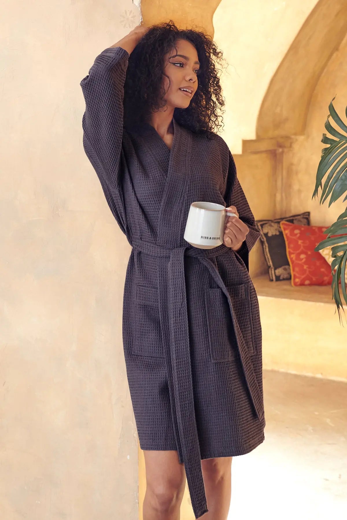 Glenny Knee-Length Waffle Kimono Robe for Women