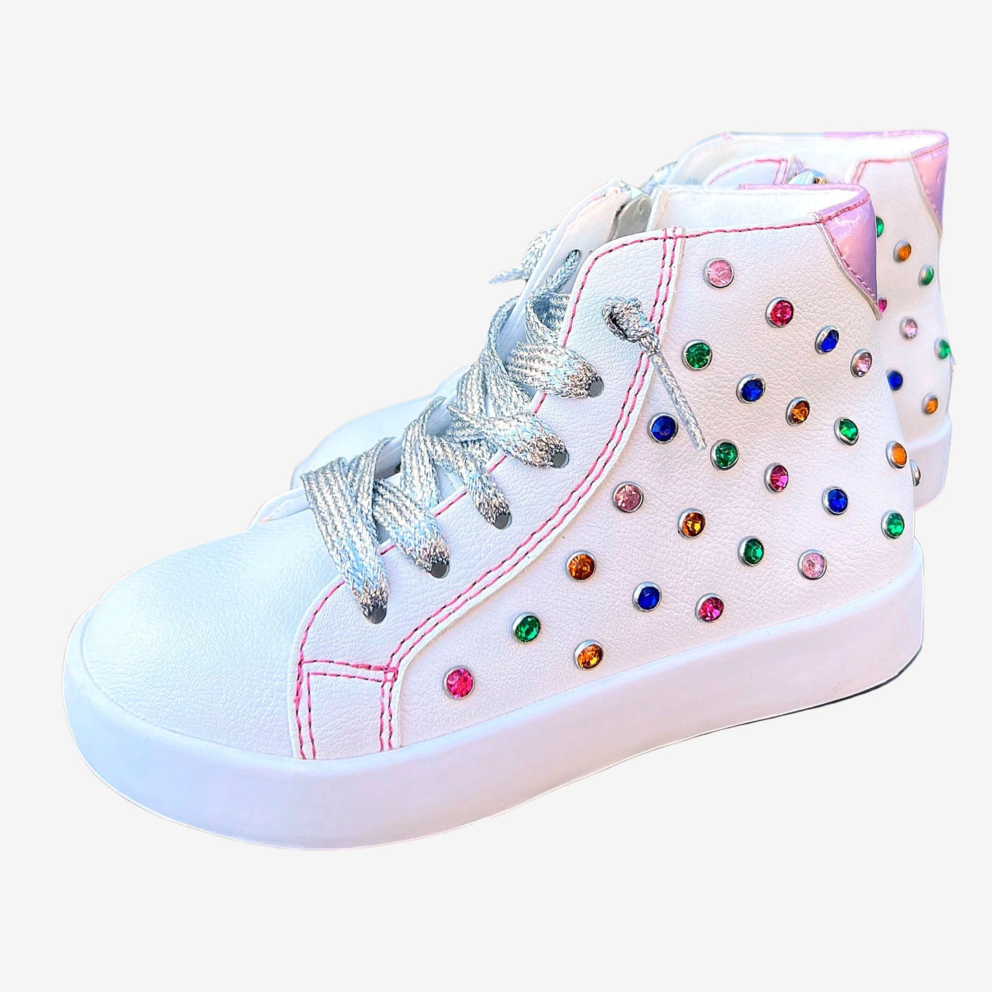 Bowie Pink High-Top Sneakers with Rainbow Studs