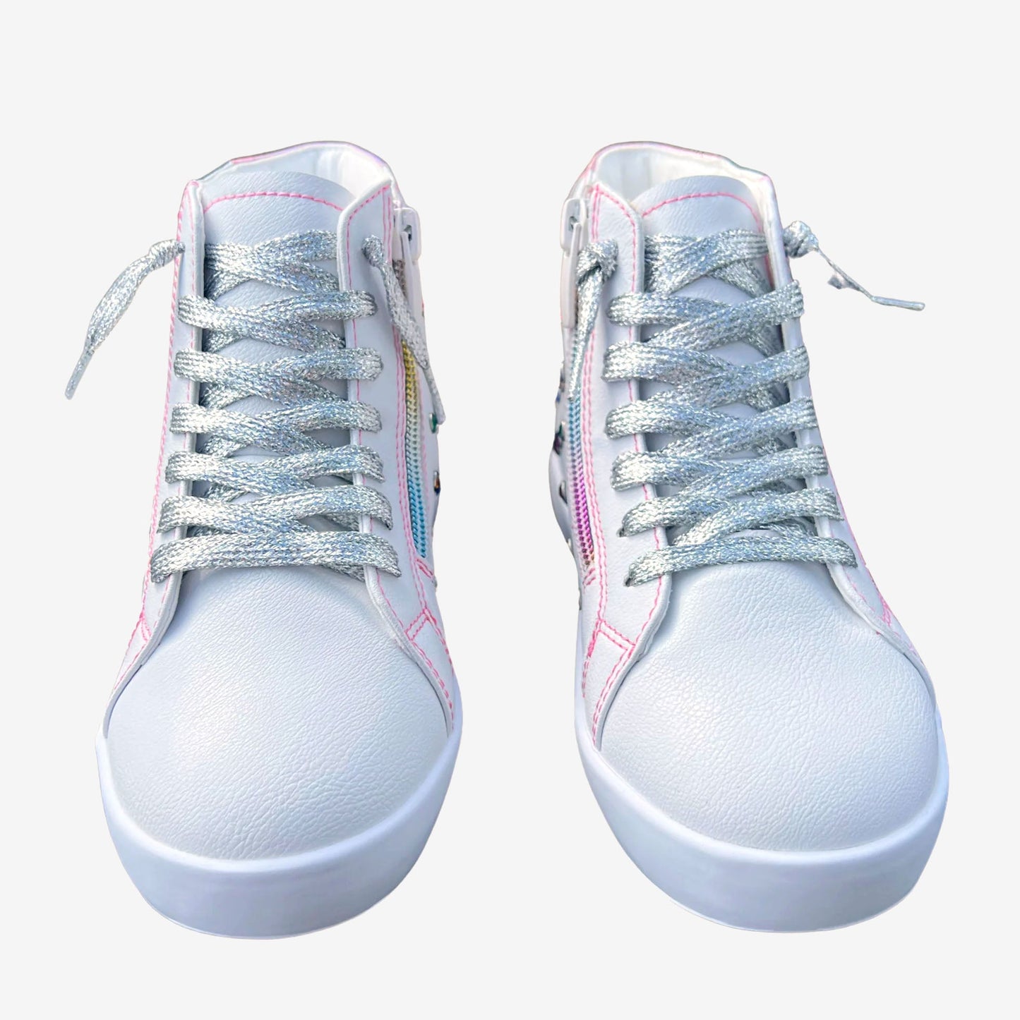 Bowie Pink High-Top Sneakers with Rainbow Studs