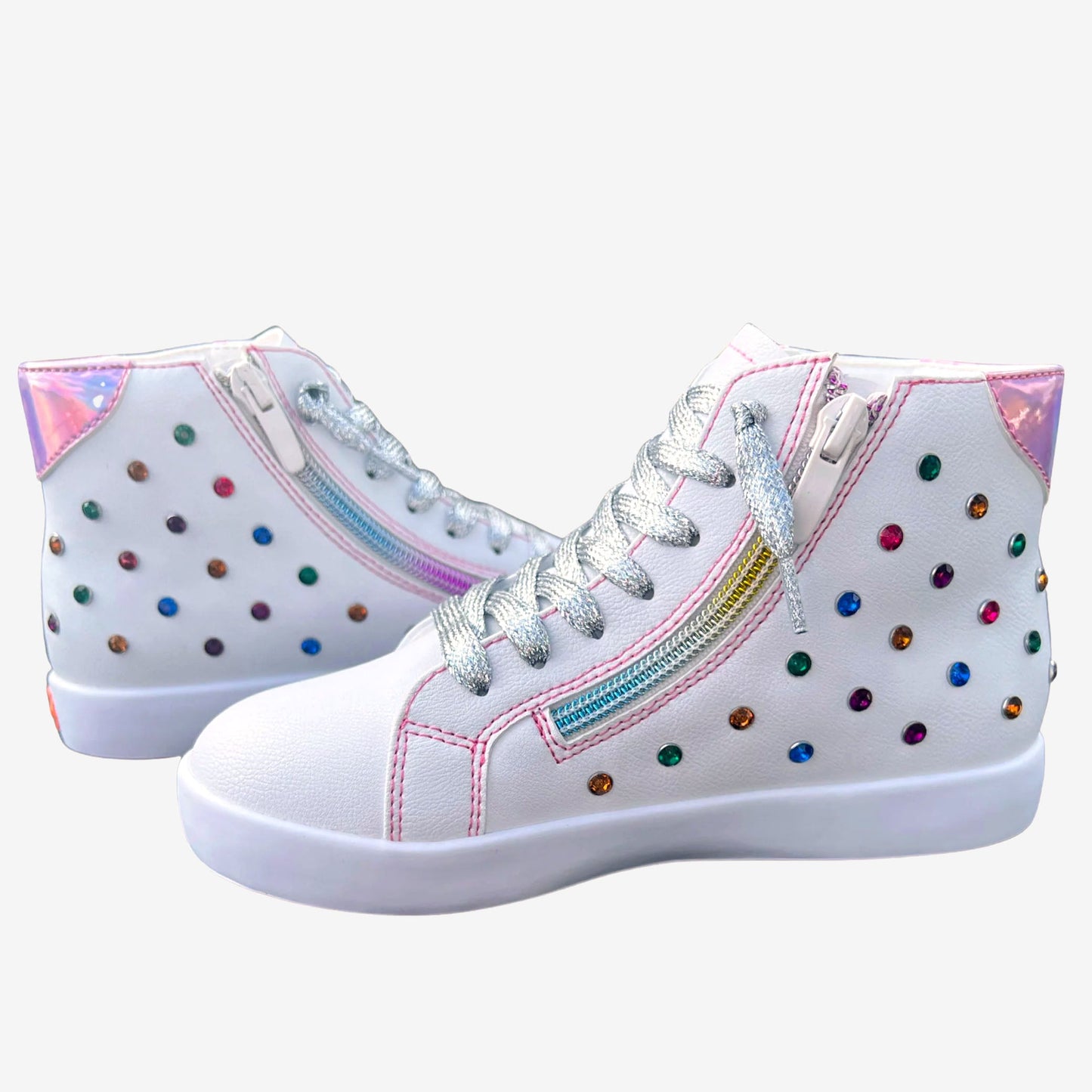 Bowie Pink High-Top Sneakers with Rainbow Studs