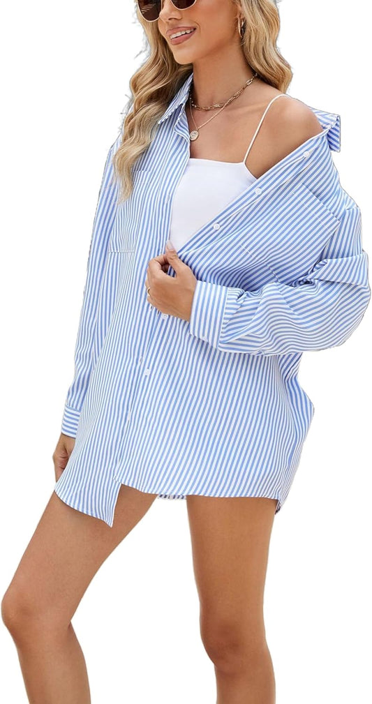Unilexi Womens Casual Lapel Striped Button Down Shirt