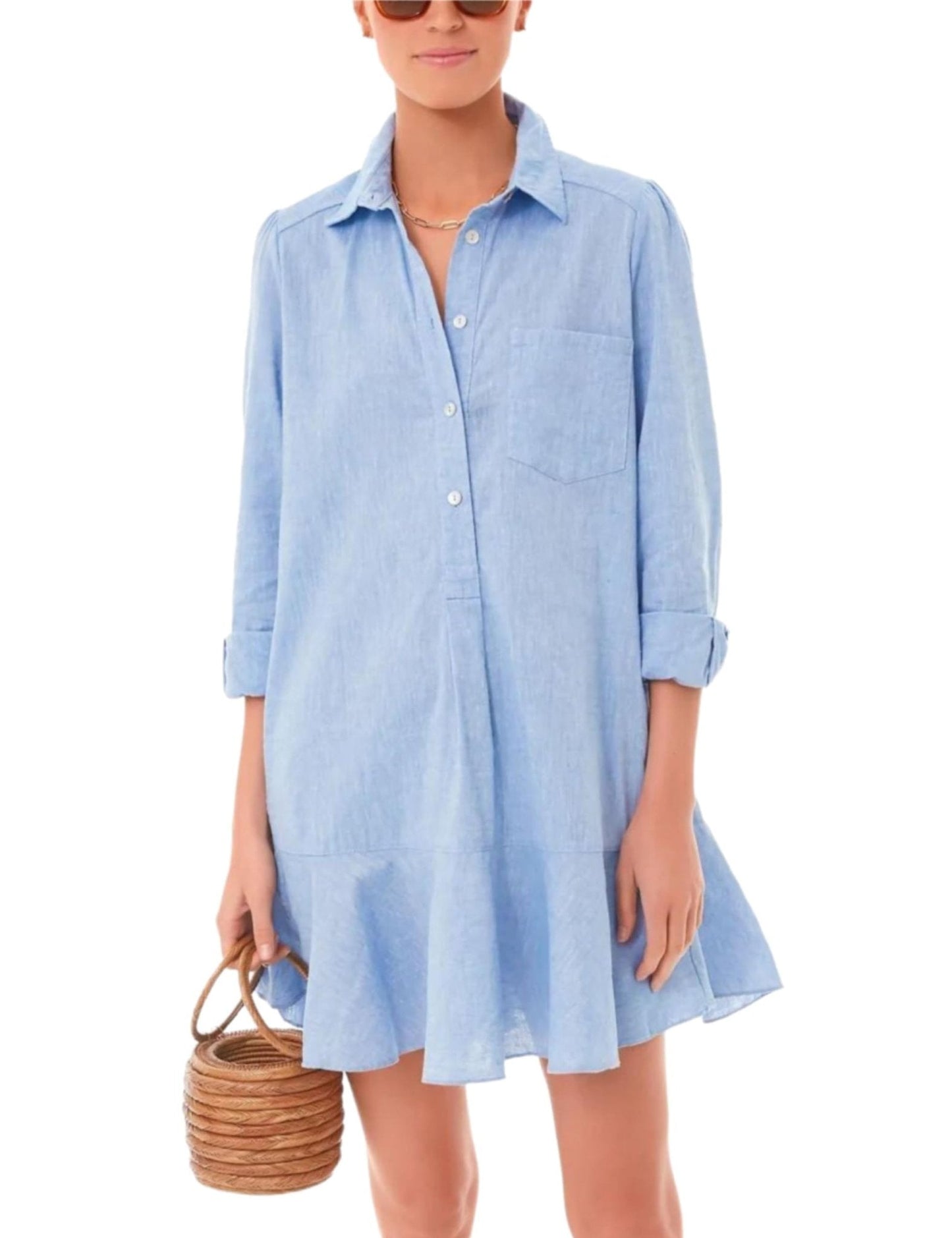 Hailling Trendy Collared Long Sleeve Ruffle Hem Tops