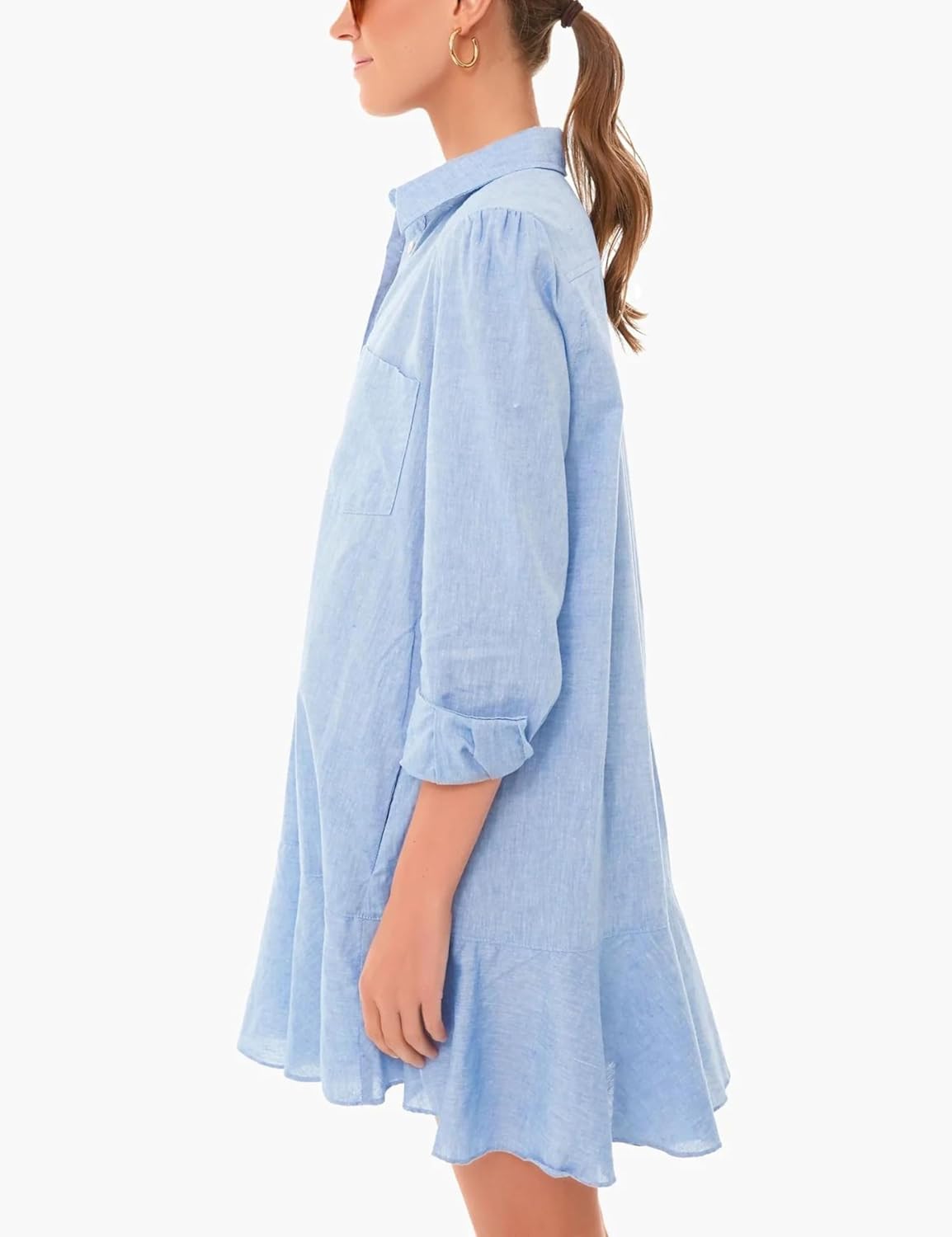 Hailling Trendy Collared Long Sleeve Ruffle Hem Tops