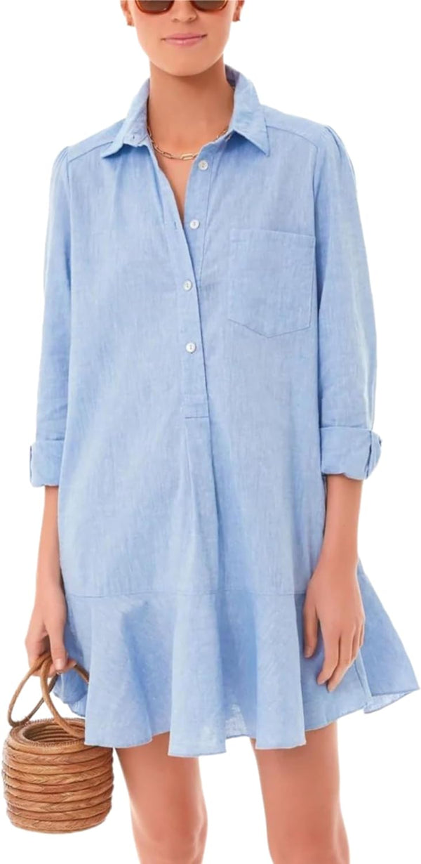 Hailling Trendy Collared Long Sleeve Ruffle Hem Tops