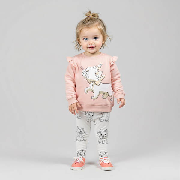 Child wearing a pink sweatshirt with a cartoon design and white pants with cat prints on a gray background