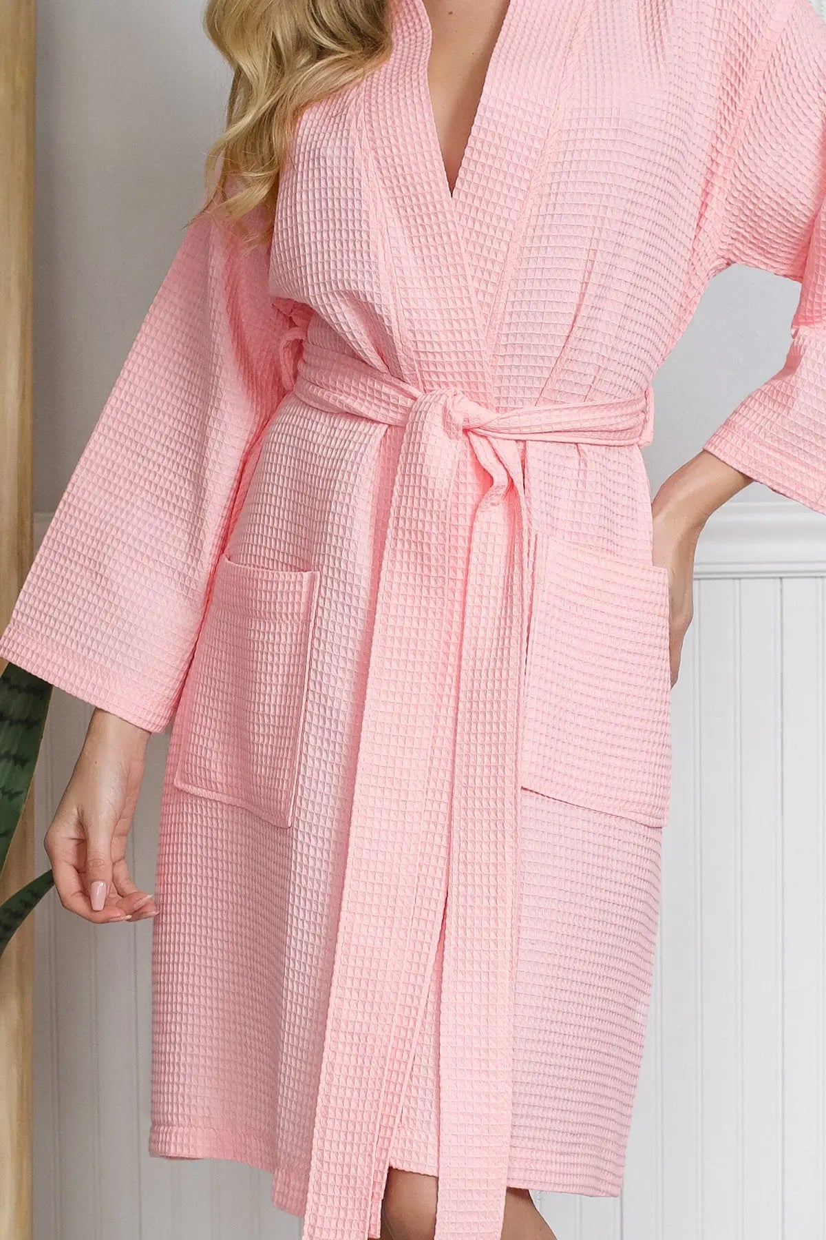 Glenny Knee-Length Waffle Kimono Robe for Women