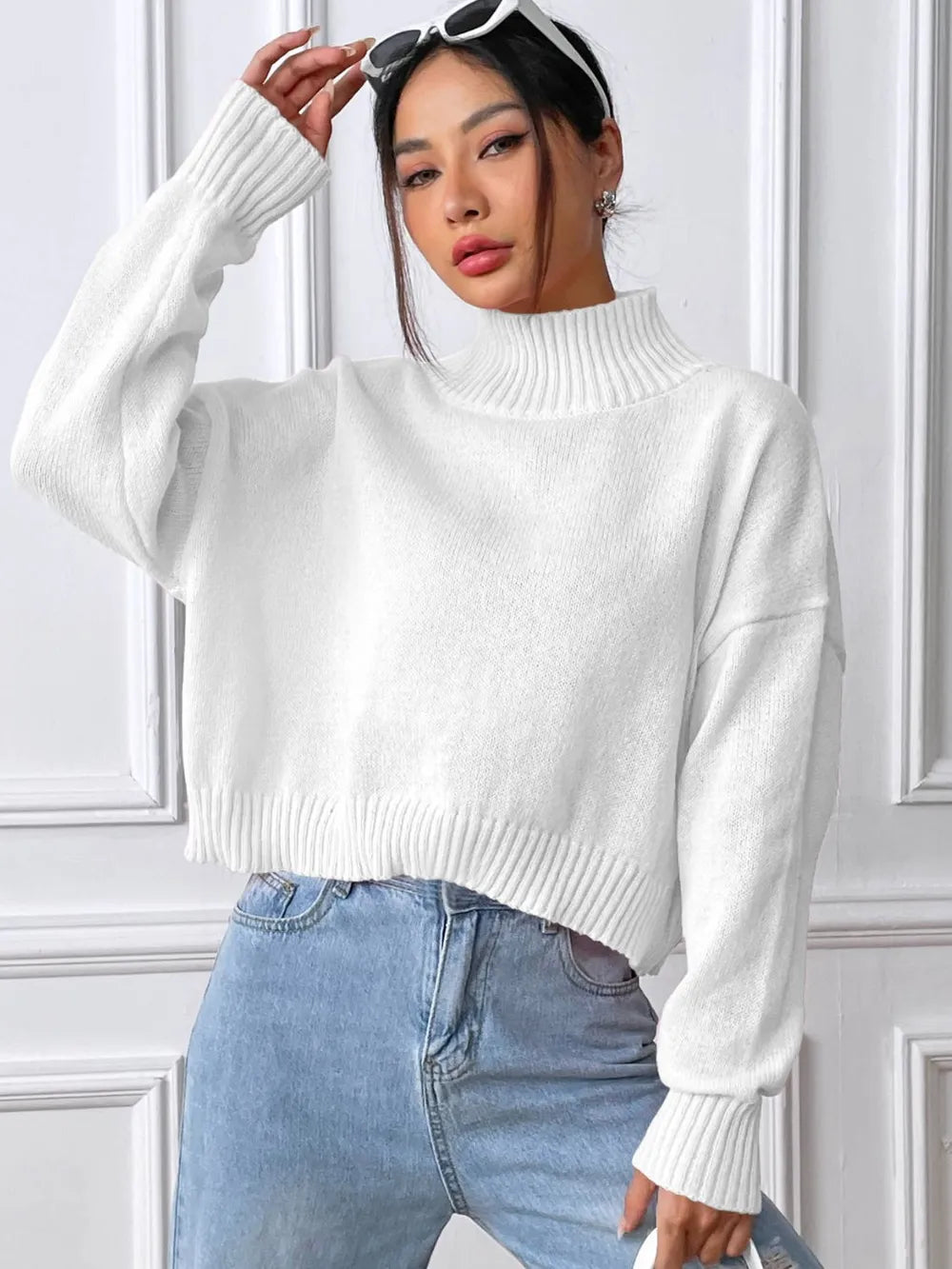 Wanda High Neck Pullover Sweater Solid Color Loose