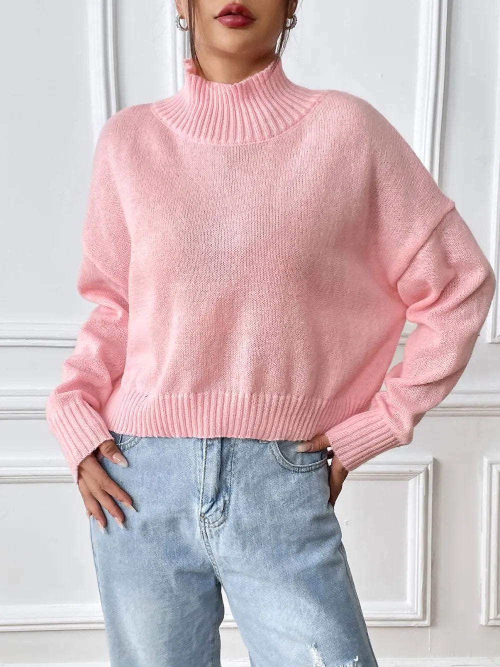 Wanda High Neck Pullover Sweater Solid Color Loose