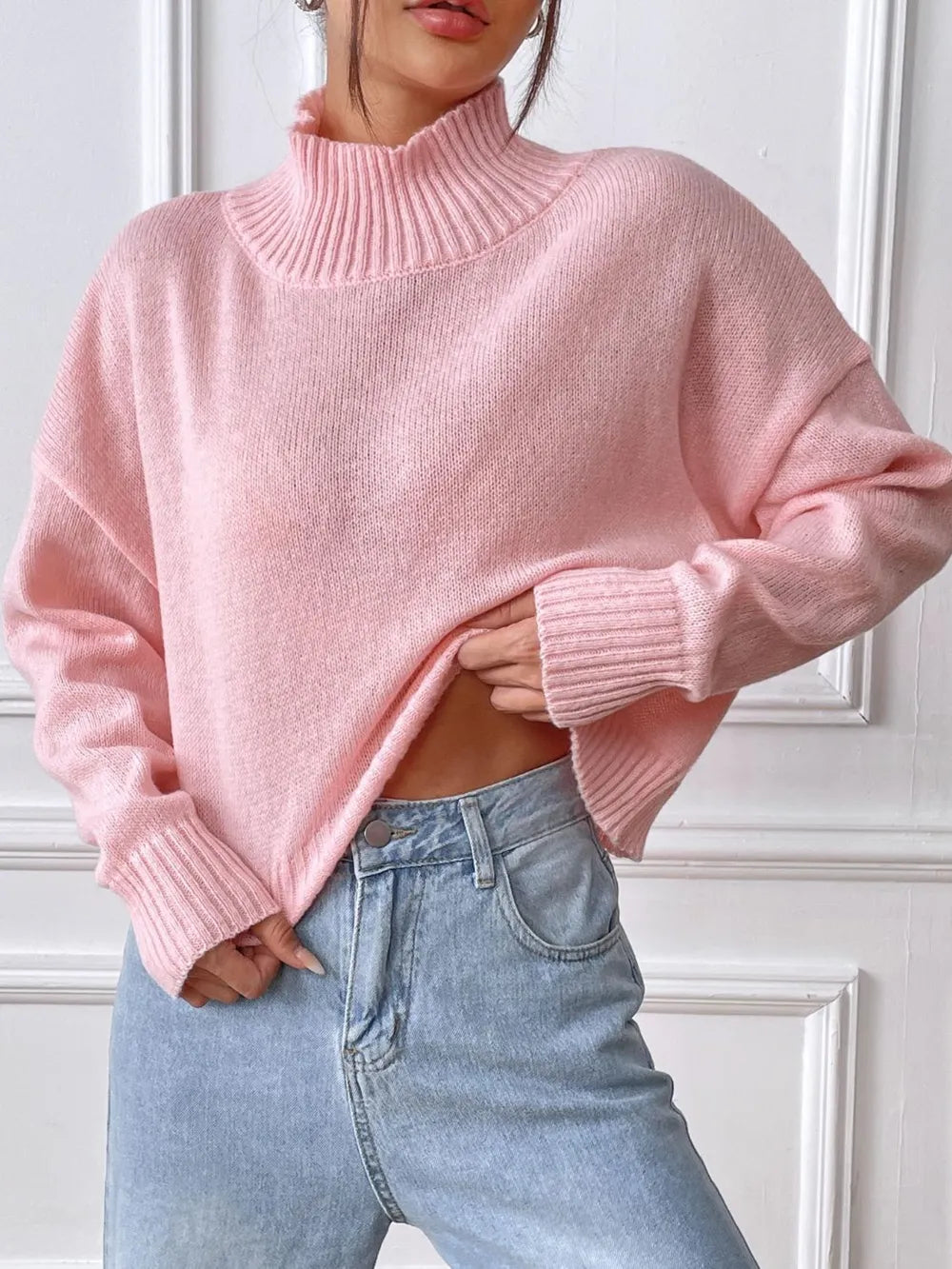 Wanda High Neck Pullover Sweater Solid Color Loose