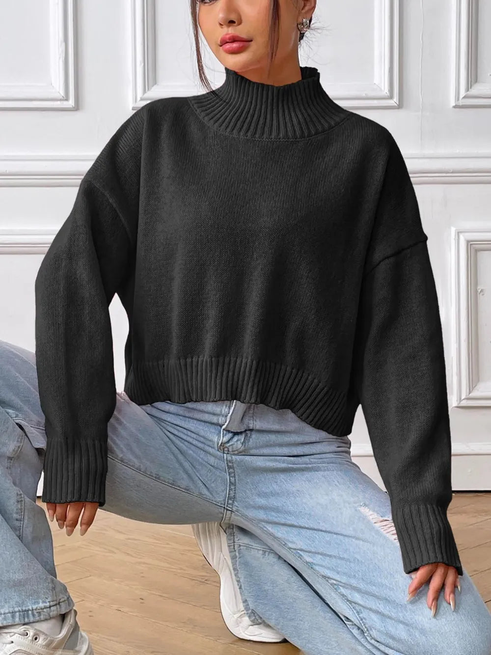 Wanda High Neck Pullover Sweater Solid Color Loose