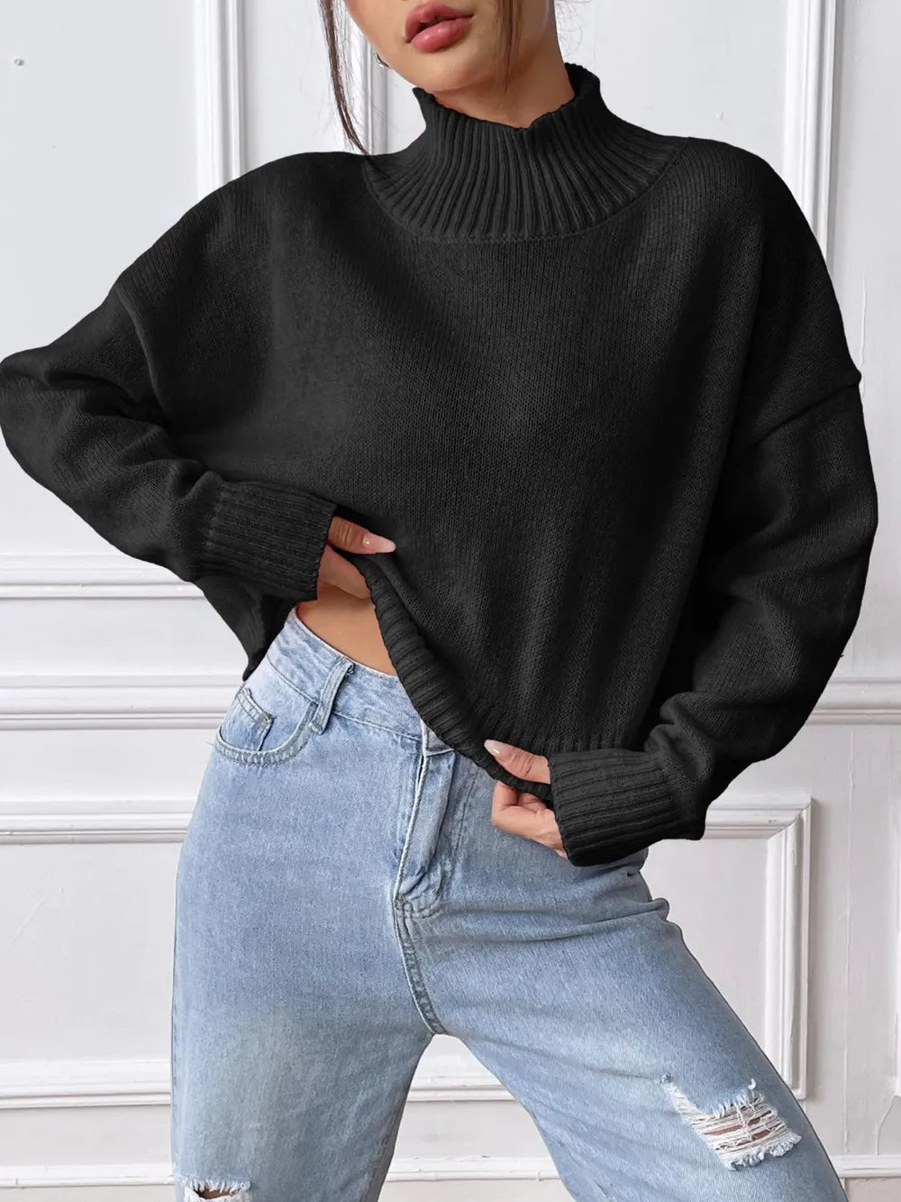 Wanda High Neck Pullover Sweater Solid Color Loose