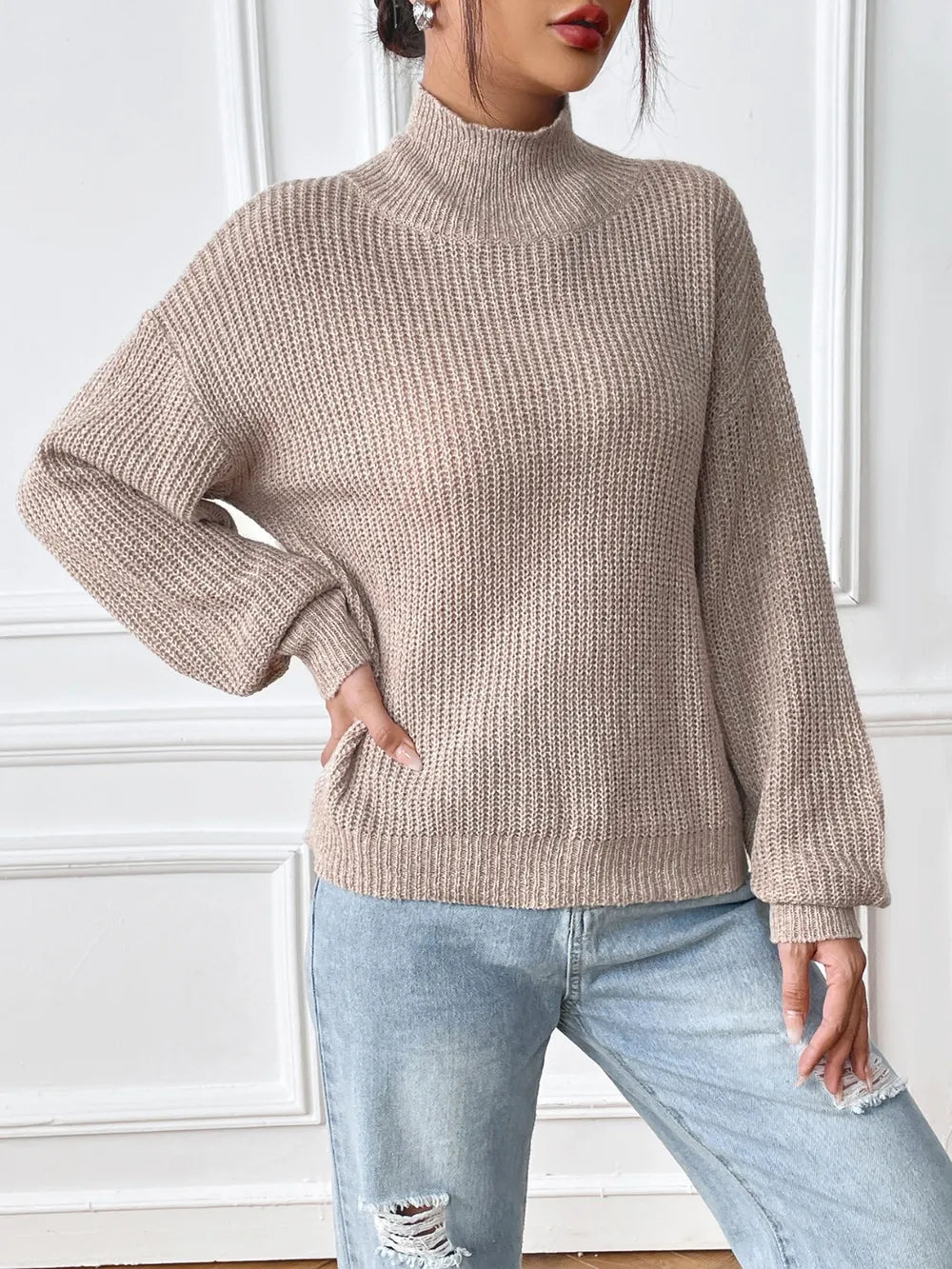 Elaine Semi High Neck Pullover Sweater with Mixed Colors