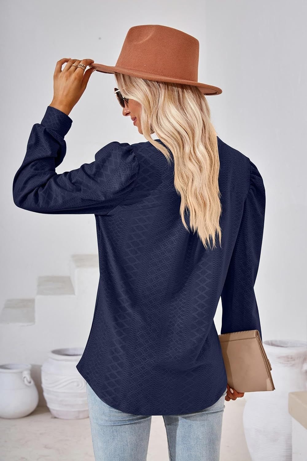 Maryui Causal Puff Long Sleeve Tunic V Neck Tops