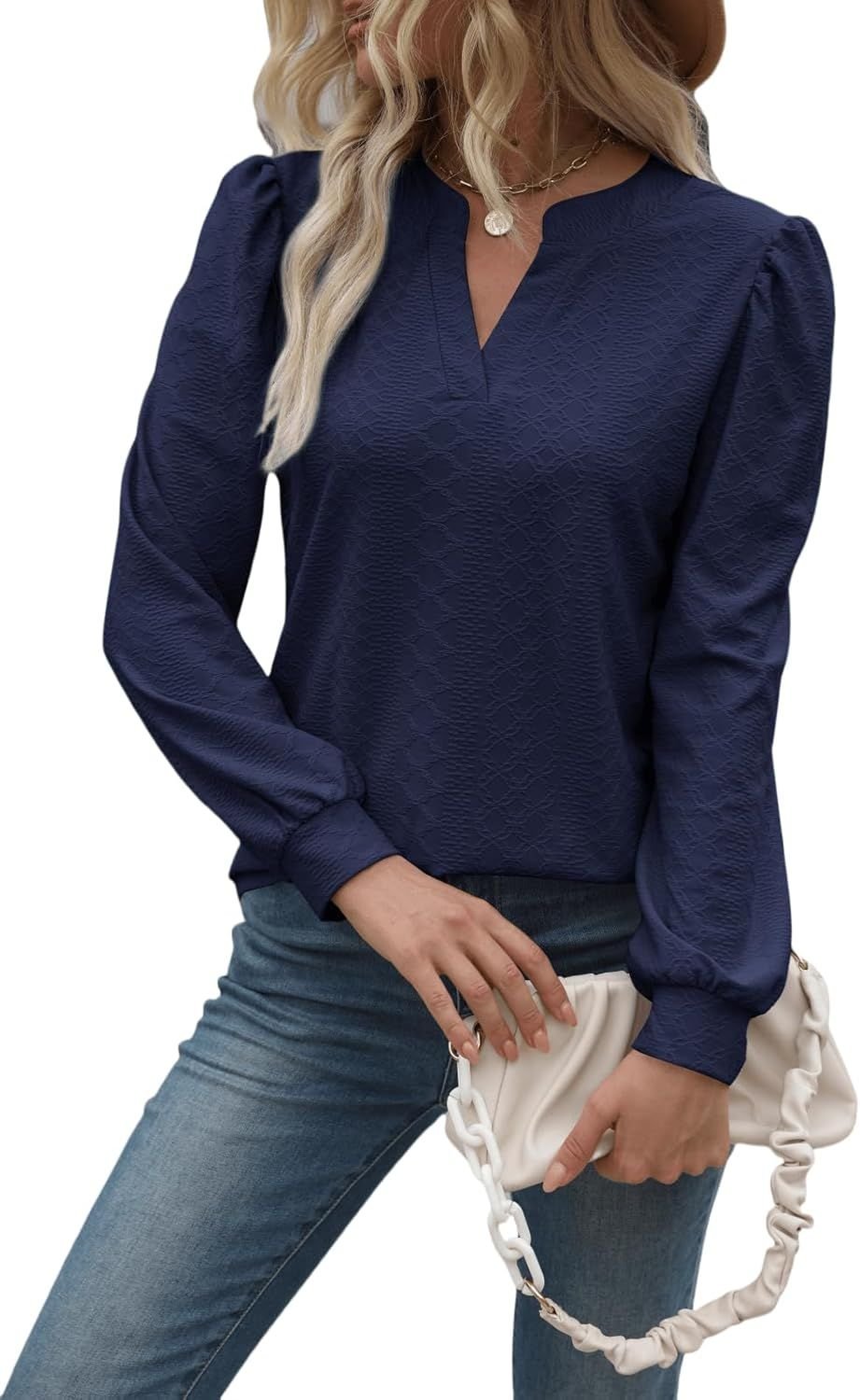 Maryui Causal Puff Long Sleeve Tunic V Neck Tops