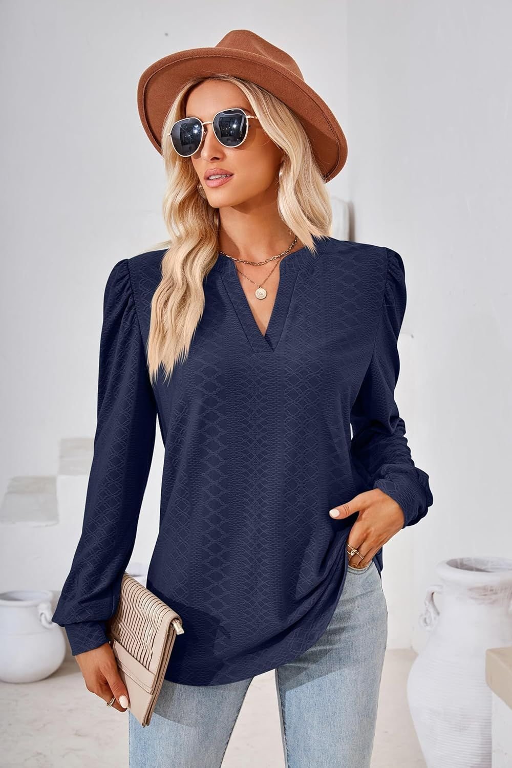 Maryui Causal Puff Long Sleeve Tunic V Neck Tops