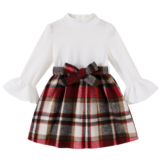 Long Sleeve Knit Sweater-Dress for Kids-Little Girl Dresses-Fall-Winter Clothes-Outfits-White Patchwork Pink