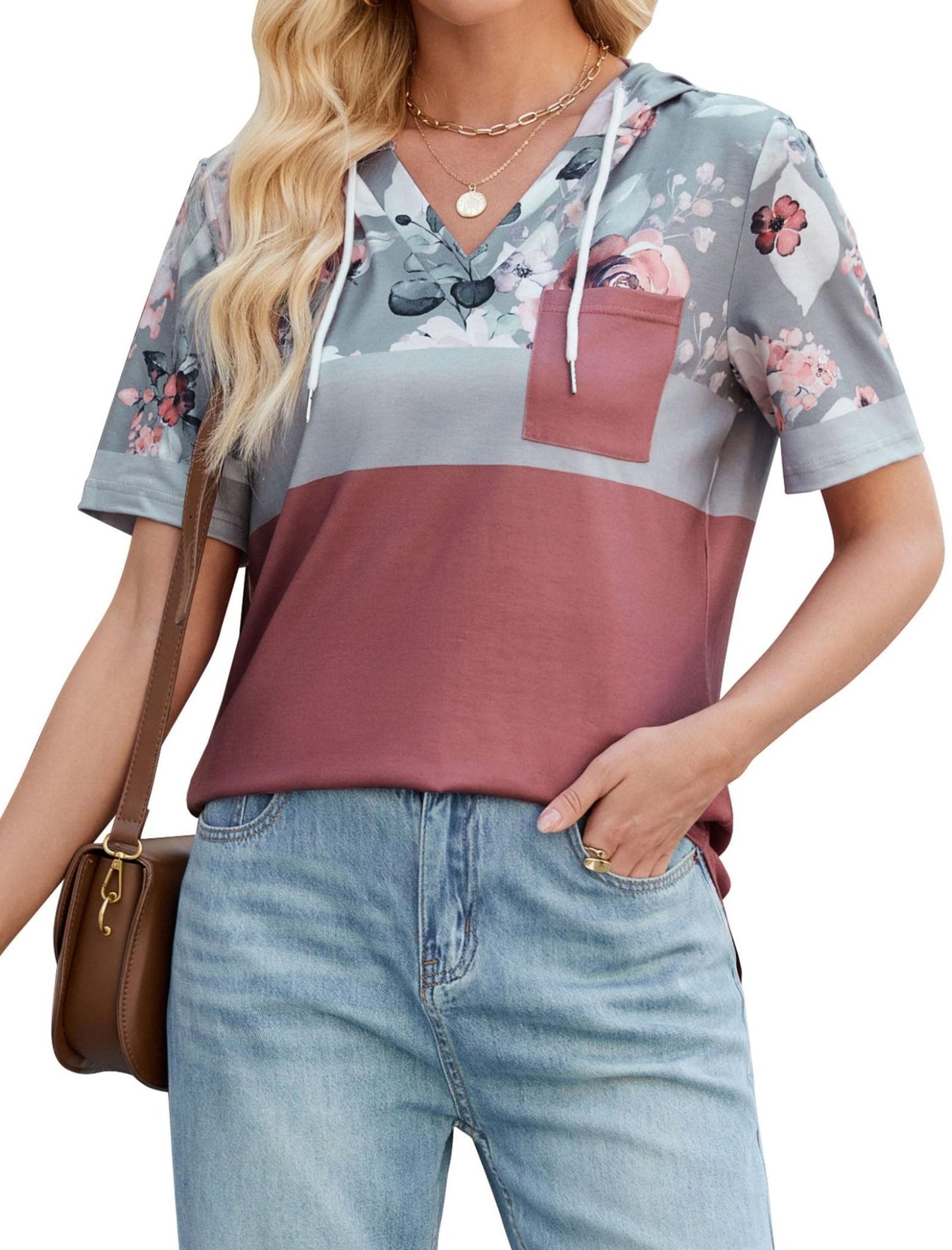 Dania Casual V Neck Hoodie Tunic with Pocket Cotton Cuffed Tops