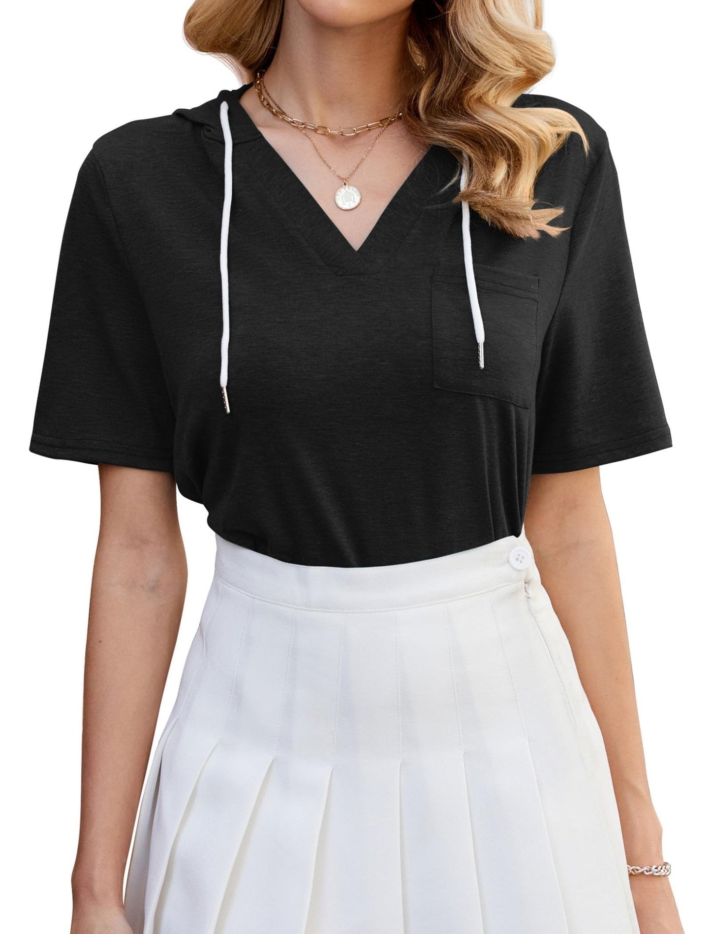 Dania Casual V Neck Hoodie Tunic with Pocket Cotton Cuffed Tops